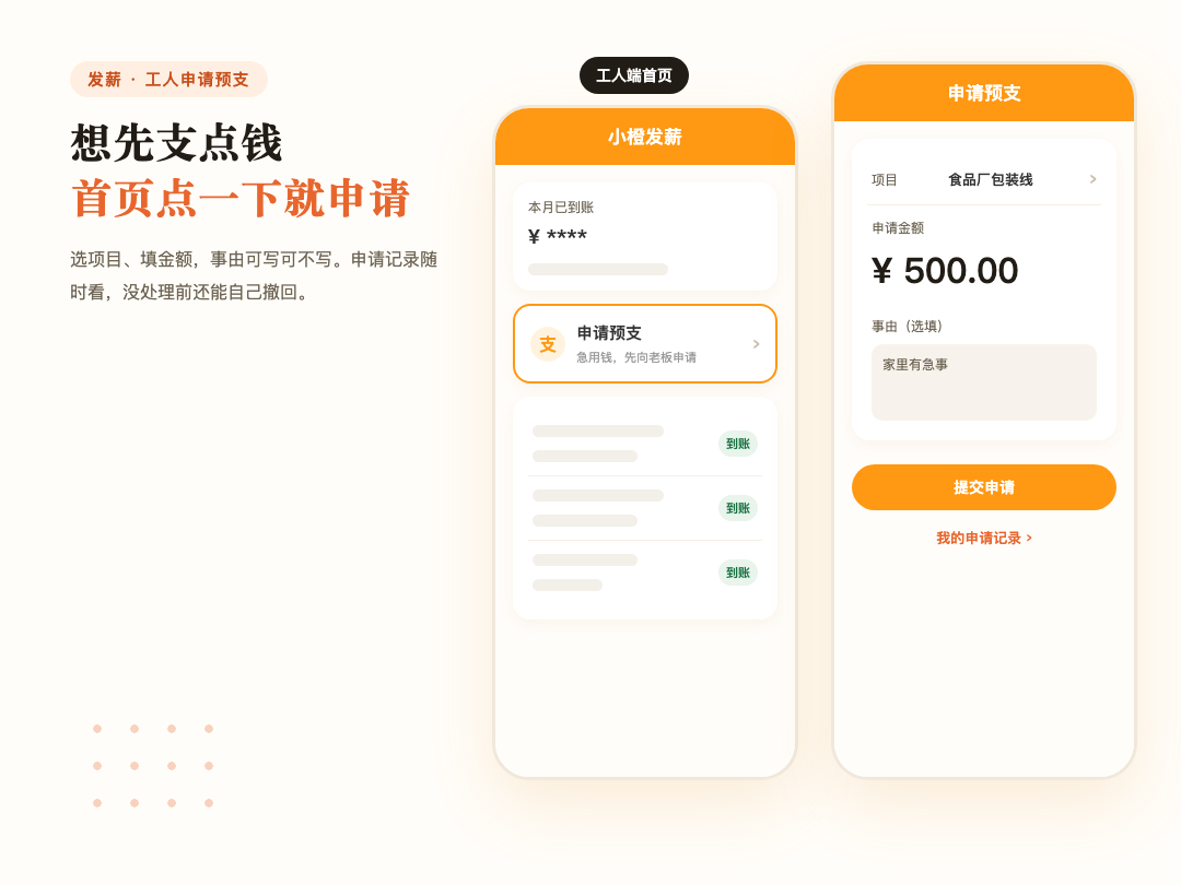 工人在小程序首页点「申请预支」，选项目、填金额就能提交
