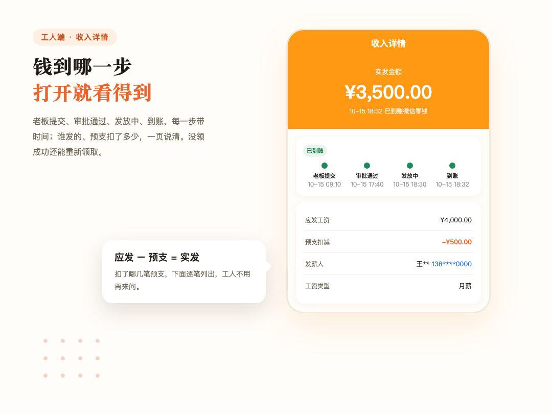 工人收入详情：每一步的时间、发薪人、预支扣减一页说清
