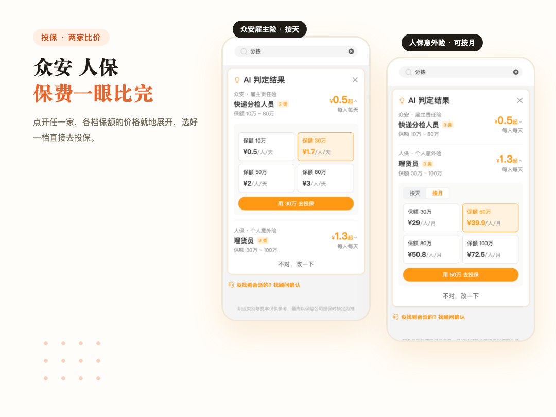 众安雇主险和人保意外险的保费并排对比，各档价格就地展开