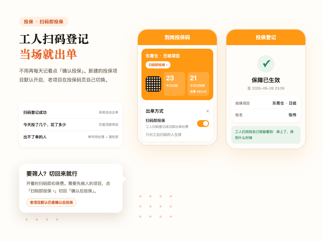 扫码即投保:工人扫码登记当场出单,工人端直接显示保障已生效