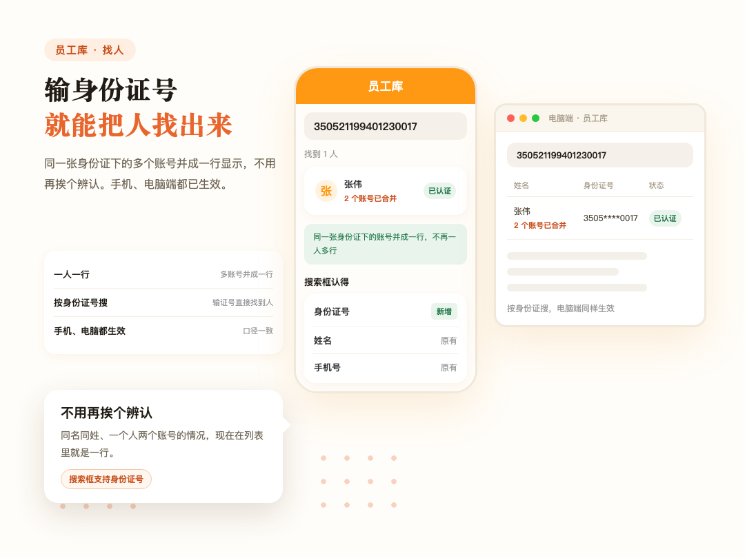 一人一行,搜索框输身份证号就能找到人